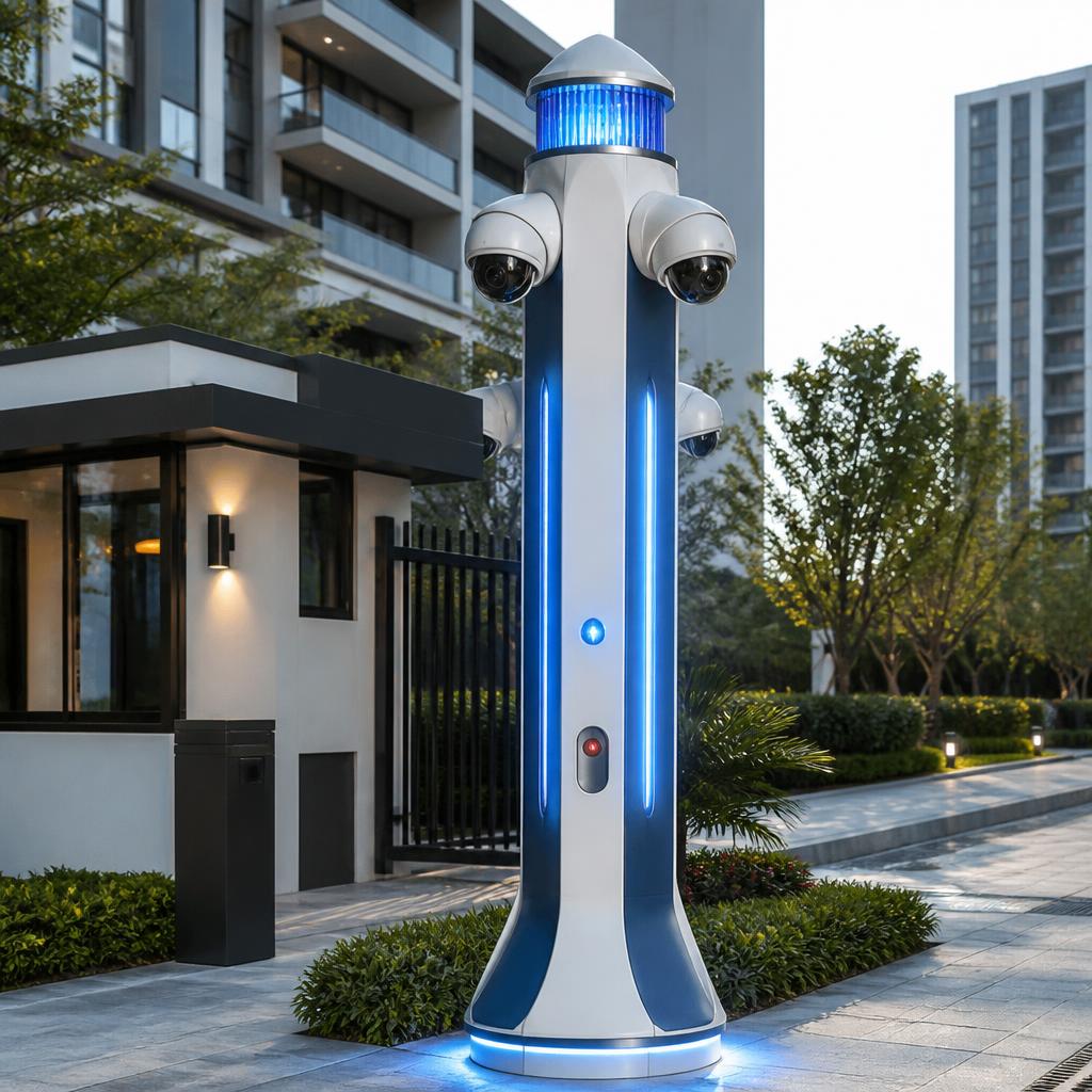 Totem de vigilância inteligente SegAzul com câmeras 360° e botão de emergência